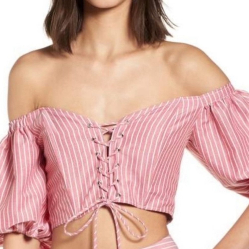 WAYF XL Faded Red Stripe Puff Sleeve Off Shoulder Corset Lace-Up Blouse Top NWT
